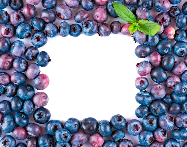 Photo fresh blueberries and leaves, berry frame isolated on white background, top view, frame.