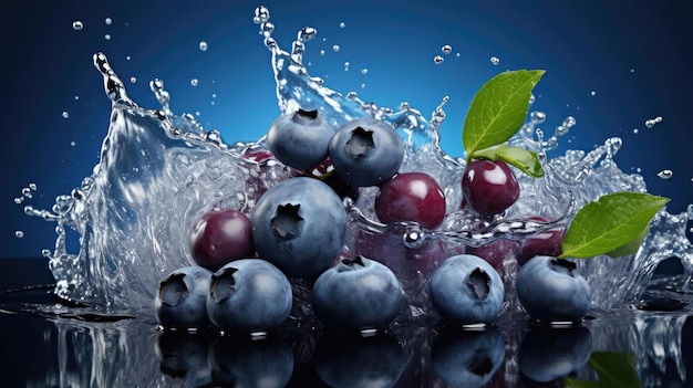 Fresh blueberries splashed with water on black and blurry background