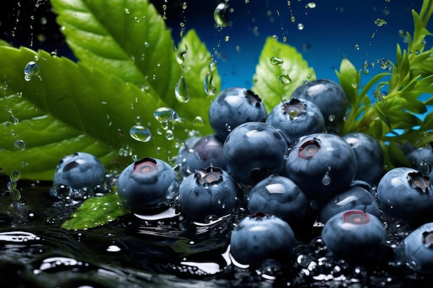 Fresh blueberries in water splash