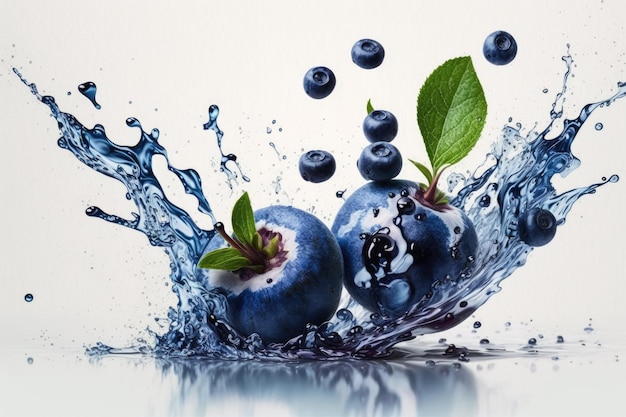 Fresh blueberries on a white background with a splash of water