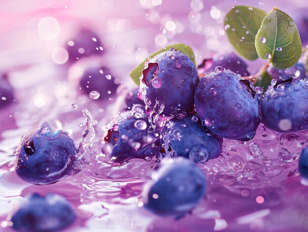 写真 紫色の背景に水滴が散らばっている新鮮なブルーベリー