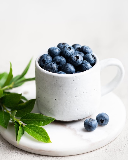 Fresh blueberries with leaves