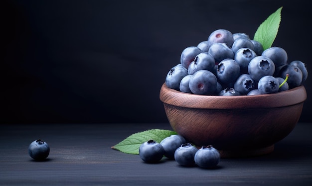 Fresh blueberries in a wooden bowl on a dark rustic table Created with generative AI tools