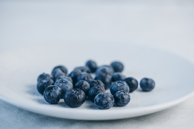 Fresh blueberry berries on a white plate close-up. breakfast of wild berries.