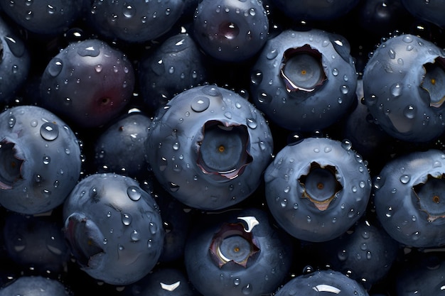 Fresh blueberry fruit seamless background visible drops of water overhead angle