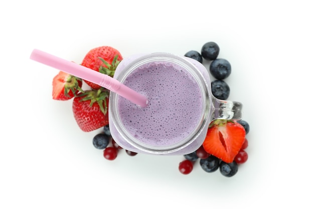 Fresh blueberry smoothie isolated on white background