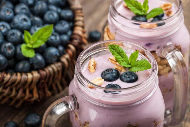 Fresh blueberry, yogurt and granola for breakfast