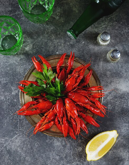 Fresh boiled crayfish with lemon