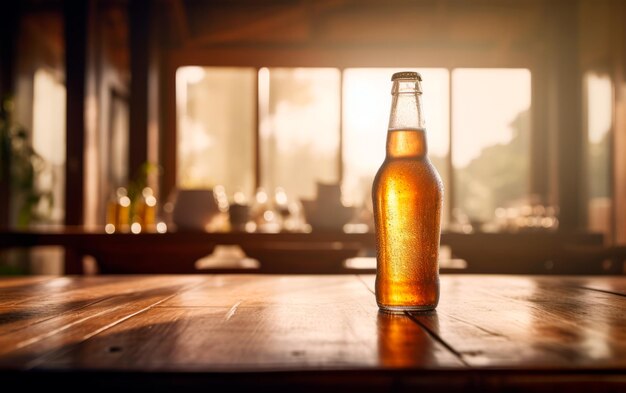 ボケの背景とテキストの空きスペースでバーテーブルに新鮮なビールのボトルをモックアップ