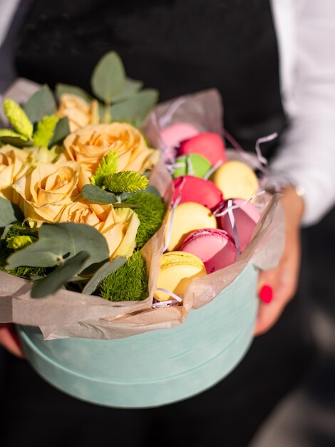 Fresh bouquet of colorful mixed flowers. European floral shop concept. Flowers delivery