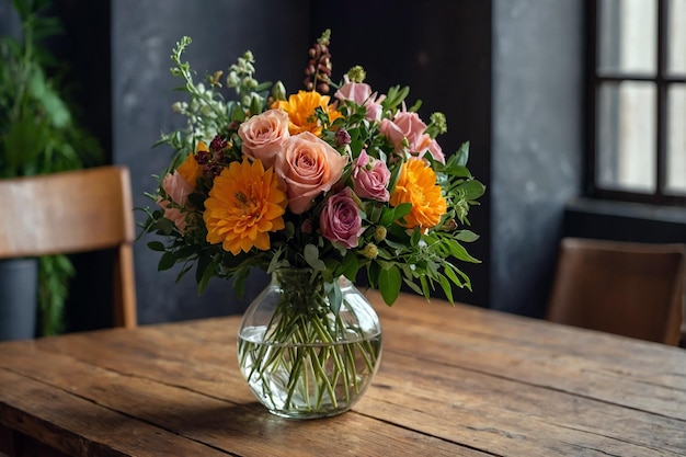 Fresh bouquet of flowers on wooden table indoors