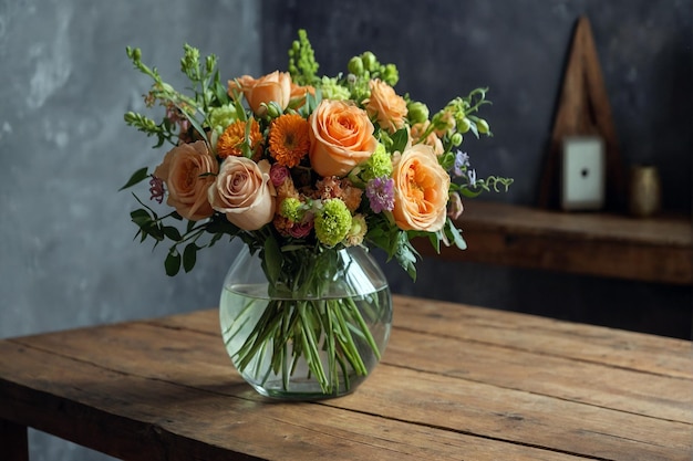 Fresh bouquet of flowers on wooden table indoors