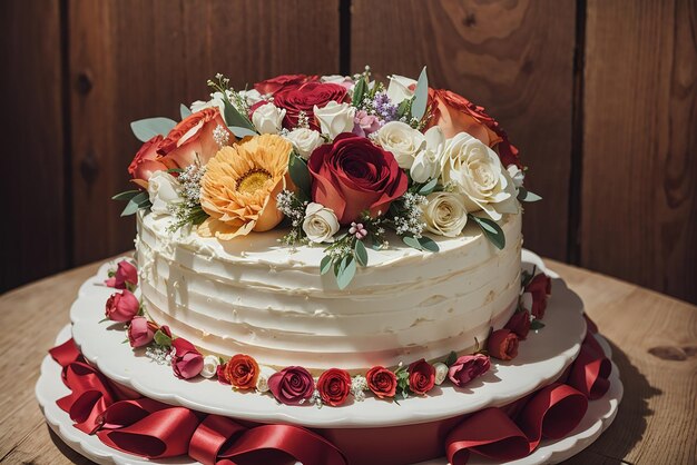 신선한 꽃받침 달한 사랑 케이크와 함께 결혼 축하