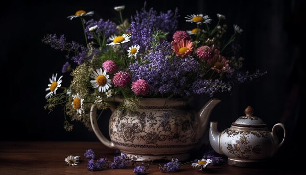 Fresh bouquet of wildflowers in antique vase generated by AI