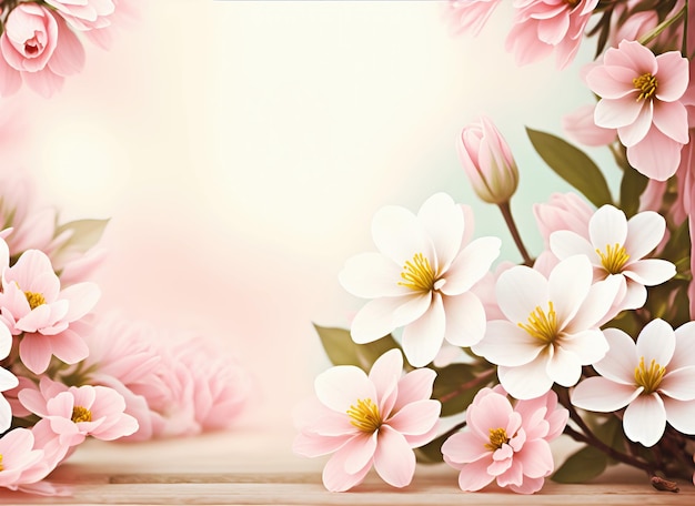 Fresh branch of white and pink flowers on a light pastel background Empty space for text