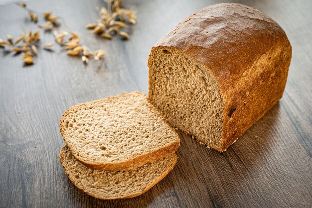 Fresh bread bakery on wooden table