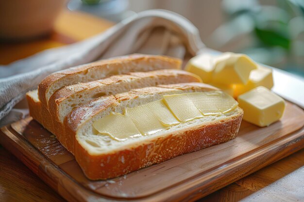 Свежий хлеб и масло на деревянной доске