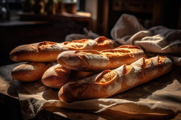 Прилавок со свежим хлебом Вкусные буханки хлеба в пекарне Изображение создано AI