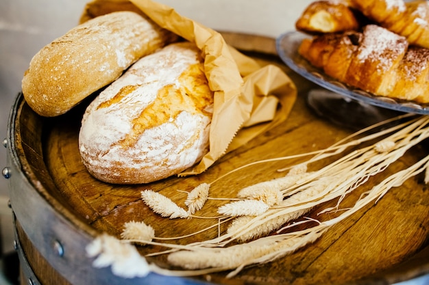 Fresh bread and croissant In the bakery shop