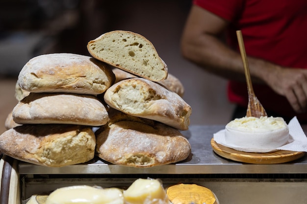 Fresh bread is sold in a shop at the fair