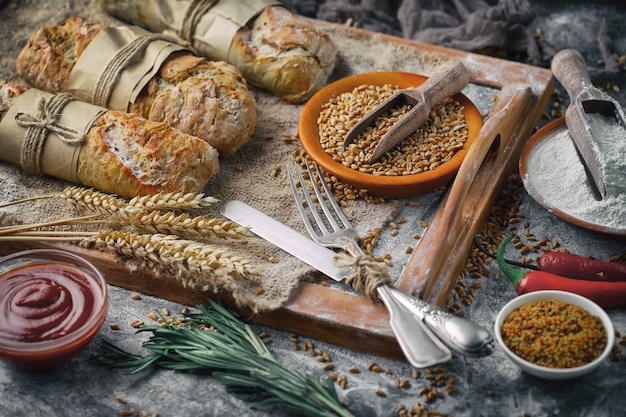 Фото Свежий хлеб на старой предпосылке с аксессуарами кухни на таблице.