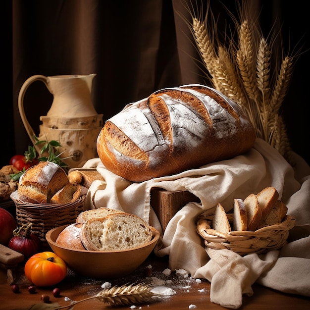 Fresh bread in rustic scenery