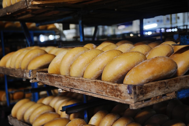 Fresh bread on a shelf in a bakery