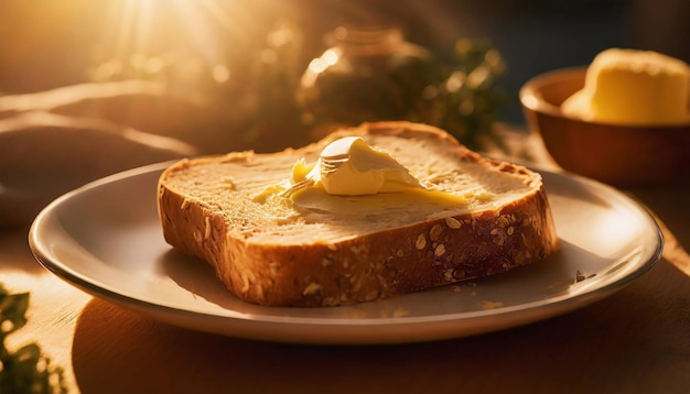 Fresh bread slice with butter on plate Tasty breakfast on wooden kitchen table