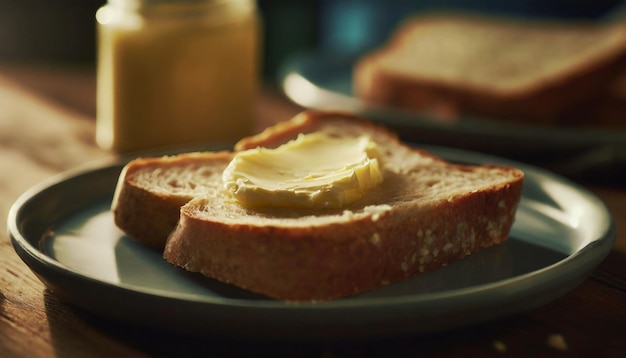 Fresh bread slice with butter on plate Tasty breakfast on wooden kitchen table