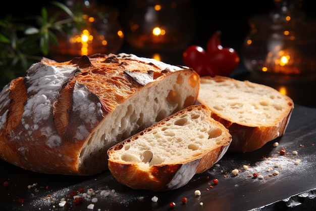 Fresh bread slices on stone surface