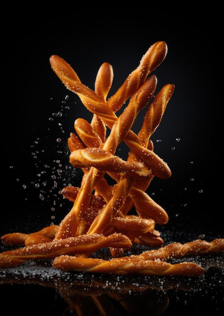 Fresh bread sticks with salt on the dark background Generative AI