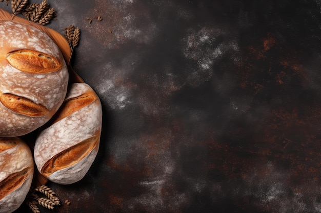 Fresh bread on a stone table view from above with text space