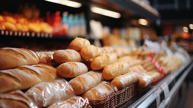 fresh bread in supermarket closeup