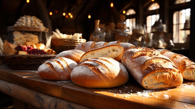 свежий хлеб с полками в пекарне