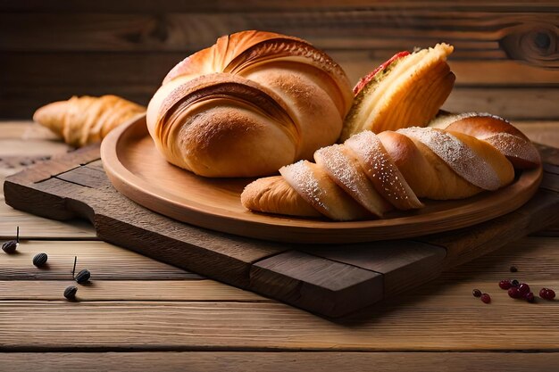 新鮮なパンを木製の皿に貼って新鮮なパンと書かれたラベルを貼る
