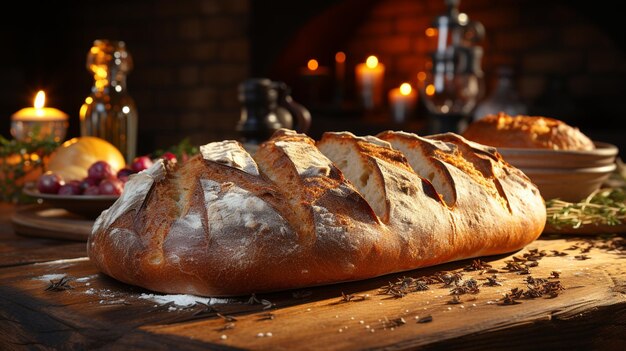 Fresh bread on wooden table