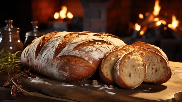 Fresh bread on wooden table