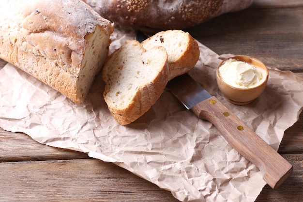 Fresh bread on wooden