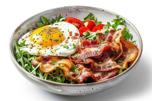 Fresh breakfast bowl isolated on white backdrop with bacon eggs and salad Generative Ai