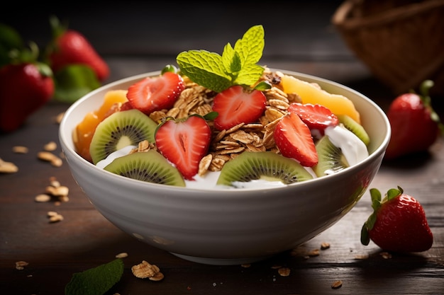 Fresh breakfast bowl with strawberries kiwi granola and mint garnish