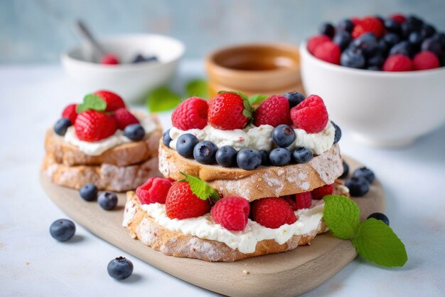 Fresh breakfast with blueberry strawberry raspberry ricotta rye sandwiches