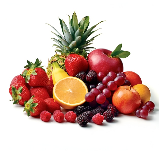 Fresh bright fruits and berries on a white background AI generated