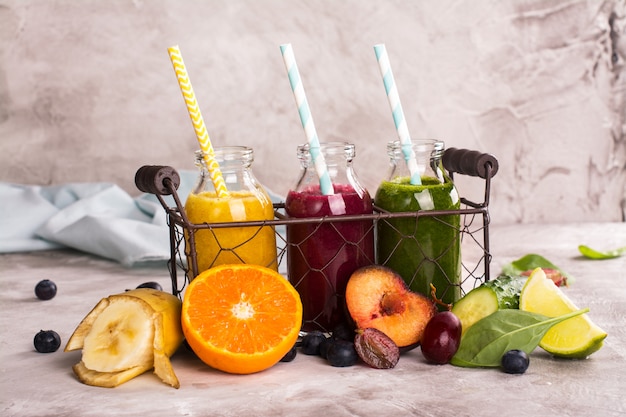 Fresh bright smoothies in a wire basket