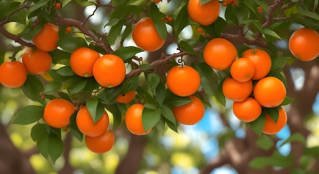 Fresh bright tangerines grow on a tree against the sky