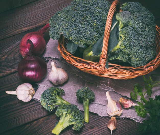 fresh broccoli in a brown wicker basket