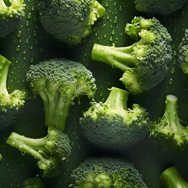 Photo fresh broccoli seamless background adorned with glistening droplets of water