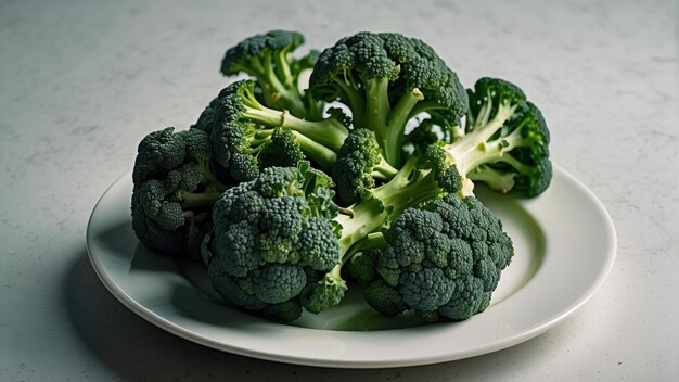 Fresh broccoli on white plate and table