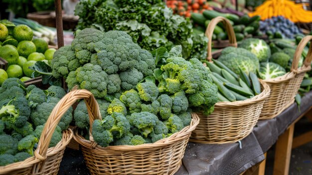 Fresh broccoli in wicker baskets at a farmer39s market