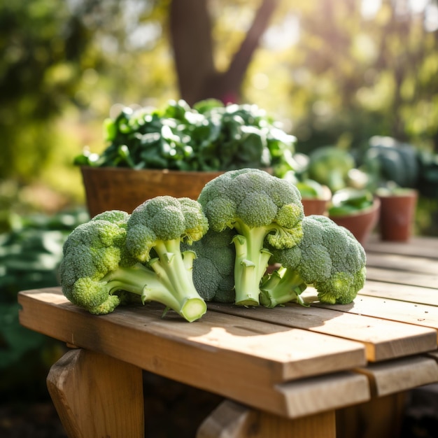 Fresh broccoli on a wooden table in the garden Generative AI