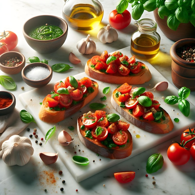 Fresh bruschetta with tomato and basil on marble counter